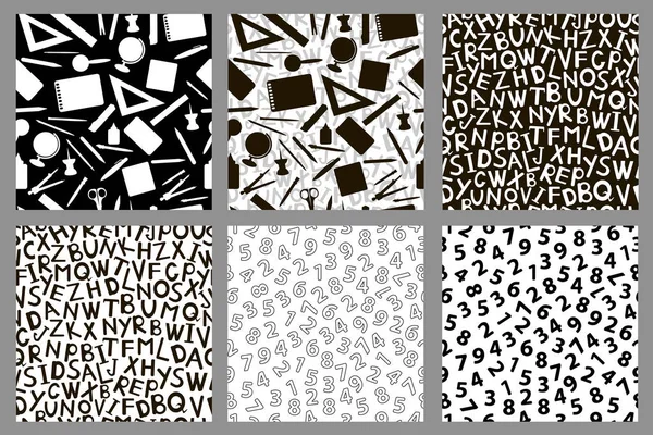 文房具 アルファベットと数字とのシームレスなパターン 黒と白を設定します ベクトル図 — ストックベクタ
