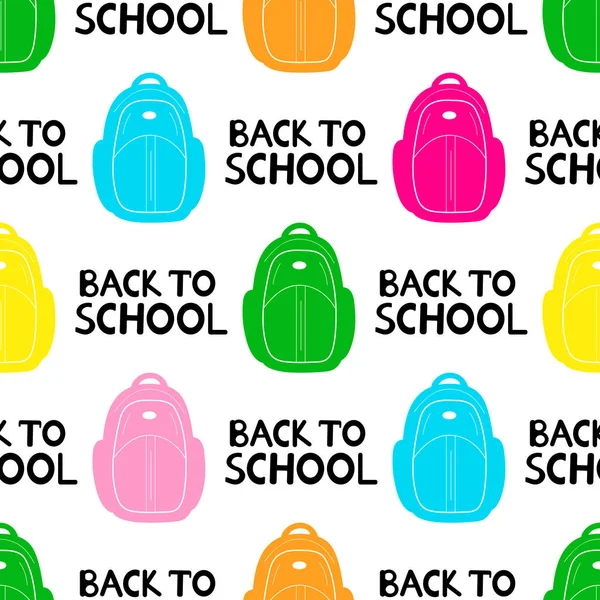Dikişsiz Desen Renkli Sırt Çantaları Ifadelere Beyaz Zemin Üzerine Okula — Stok Vektör