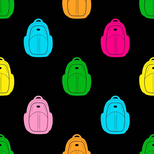 Siyah Arka Plan Üzerinde Renkli Sırt Çantaları Ile Seamless Modeli — Stok Vektör