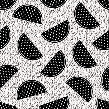 Beyaz arka planda siyah karpuz dilimleri ile Seamless modeli. Vektör çizim