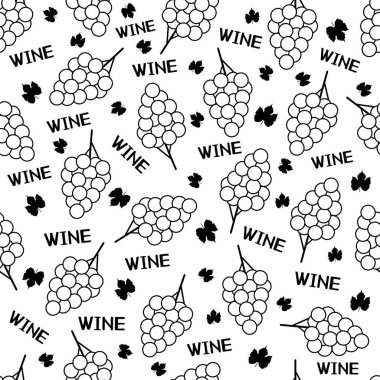 Siyah ve beyaz üzüm ve beyaz arka plan üzerinde kelime şarap ile Seamless modeli. Vektör çizim