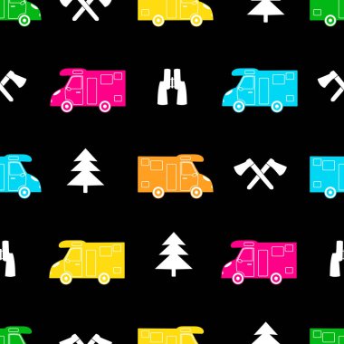 Renkli araba, balta, çam ağacı ve siyah arka plan üzerinde dürbün ile Seamless modeli. Vektör çizim