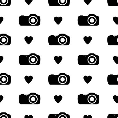 Siyah kupa ve beyaz arka plan üzerinde kameralar ile Seamless modeli. Vektör çizim