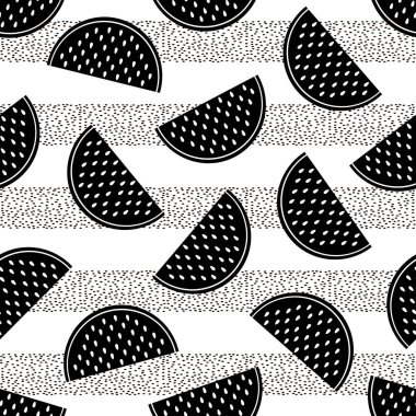 Beyaz arka planda siyah karpuz dilimleri ile Seamless modeli. Vektör çizim