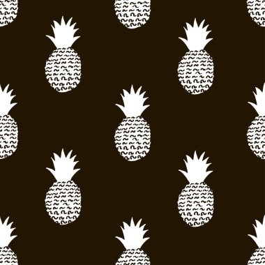 Siyah arka plan üzerine yaratıcı beyaz ananas ile Seamless modeli. Vektör çizim