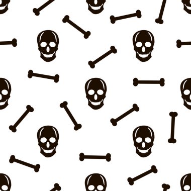 Dikişsiz desen siyah kafatası ve kemiklerin üzerine beyaz arka plan ile. Vektör çizim