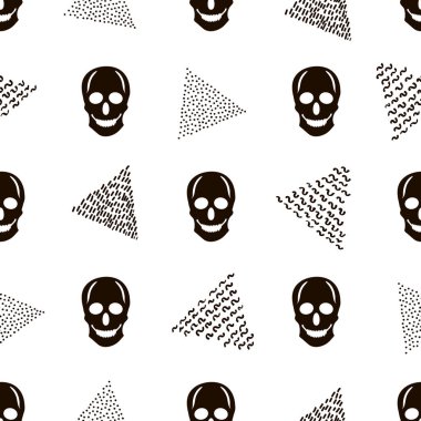 Seamless pattern with black skulls and triangles on the white background. Vector illustration clipart
