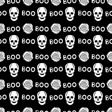 Dikişsiz desen beyaz kafatasları ile kelime boo ve siyah arka plan üzerine gül. Vektör çizim