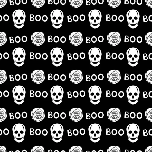 Dikişsiz desen beyaz kafatasları ile kelime boo ve siyah arka plan üzerine gül. Vektör çizim