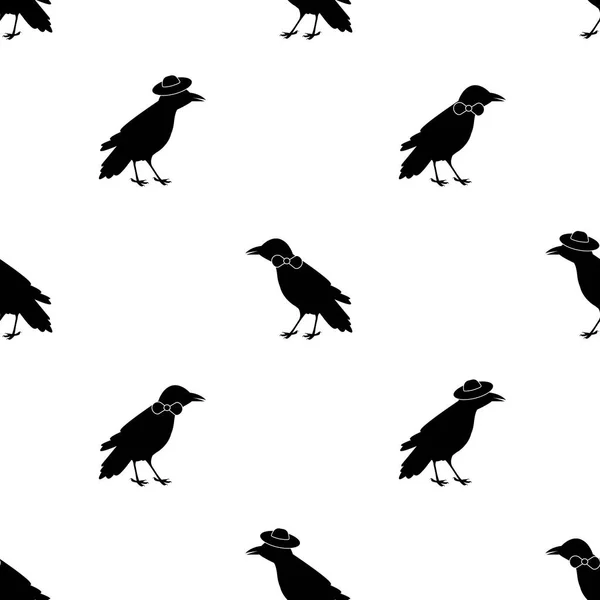 Patrón sin costuras con cuervos negros, corbata y sombreros en la ba blanca — Vector de stock