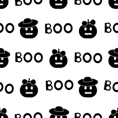 Siyah kabaklar ile Seamless modeli Boo Beyaz arka plan üzerinde kelime. Vektör çizim