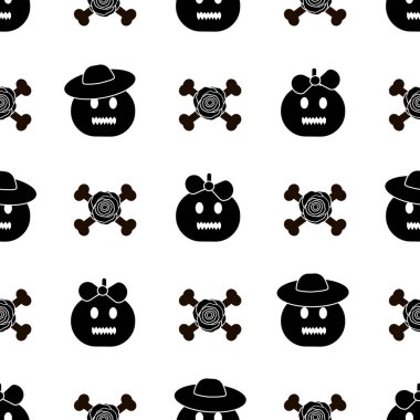 Siyah pumpkins, güller ve beyaz arka plan üzerinde kemik ile Seamless modeli. Vektör çizim