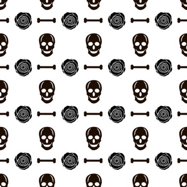 Siyah kafatasları, kemik ve beyaz zemin üzerine gül ile Seamless modeli. Vektör çizim