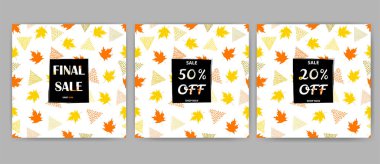 Sonbahar satış posterler ayarlayın. Renkli akçaağaç yaprakları ve üçgenler ile arka plan. Vektör çizim
