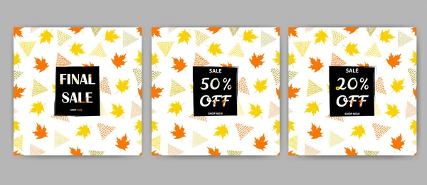 Herbstverkauf Plakate Aufgestellt Hintergrund Mit Bunten Ahornblättern Und Dreiecken Vektorillustration — Stockvektor