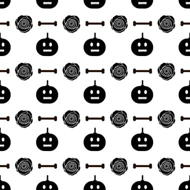Siyah pumpkins, güller ve beyaz arka plan üzerinde kemik ile Seamless modeli. Vektör çizim
