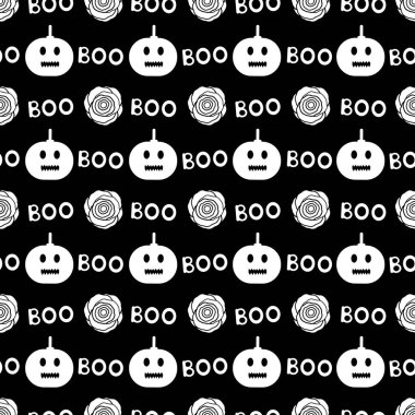 Dikişsiz desen beyaz kabaklar, gül ve siyah arka plan üzerinde kelime Boo. Vektör çizim