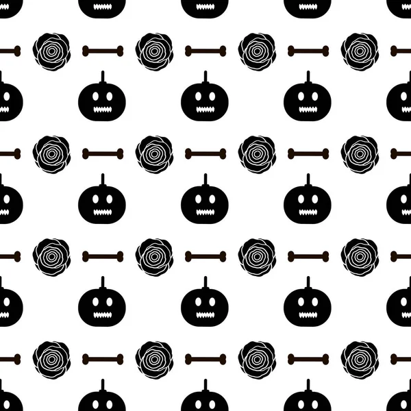 Siyah pumpkins, güller ve beyaz arka plan üzerinde kemik ile Seamless modeli. Vektör çizim