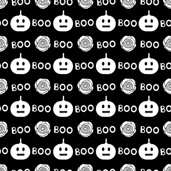 Dikişsiz desen beyaz kabaklar, gül ve siyah arka plan üzerinde kelime Boo. Vektör çizim