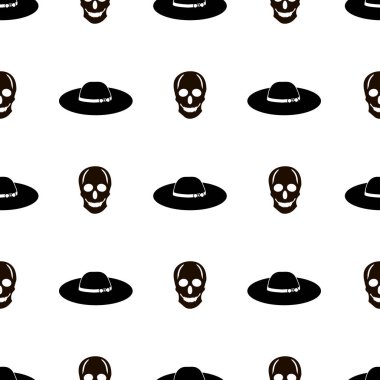 Siyah kafatasları ve beyaz zemin üzerine şapka ile Seamless modeli. Vektör çizim