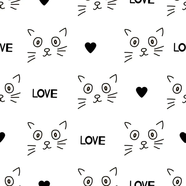 Seamless Patterns Cats Faces Hearts Words Love Vector Illustration — Stock Vector