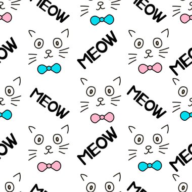 Dikişsiz desen kedi ve kelime miyav yüzleri ile. Vektör çizim