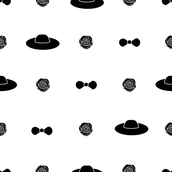 Seamless Pattern Black Hats Flowers Bow Tie White Background Vector — Stock Vector