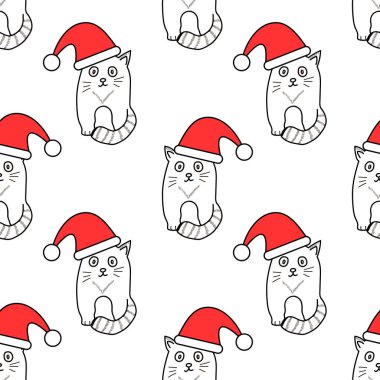 Beyaz zemin üzerine kırmızı şapkalı kedi ile Seamless modeli. Vektör çizim