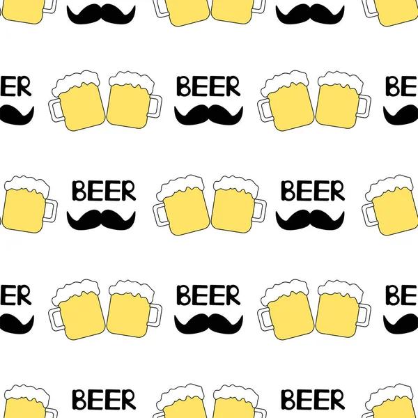 Padrão Sem Costura Com Canecas Cerveja Bigode Fundo Branco Ilustração —  Vetores de Stock