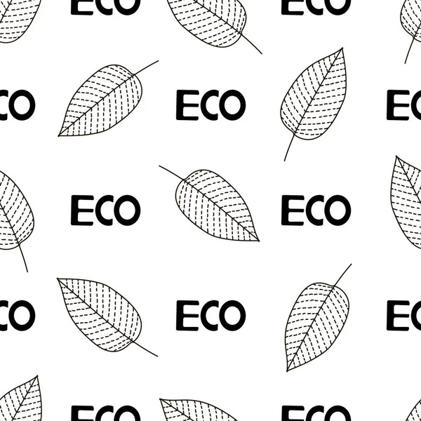 Modèle Sans Couture Avec Des Feuilles Des Mots Eco Illustration — Image vectorielle