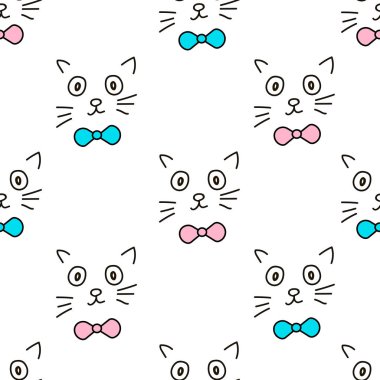 Kedi ve papyon yüzleri ile Dikişsiz desen. Vektör çizim