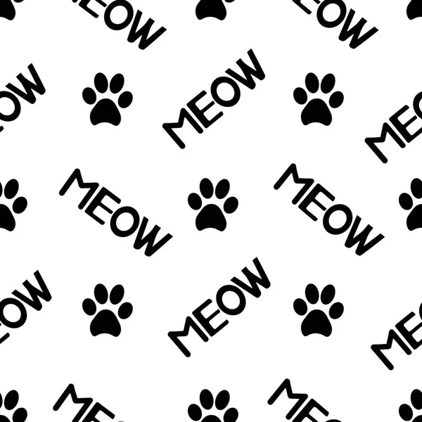 Sorunsuz imkanı ile kara kedi ayak desen ve miyav kelime. Vektör çizim