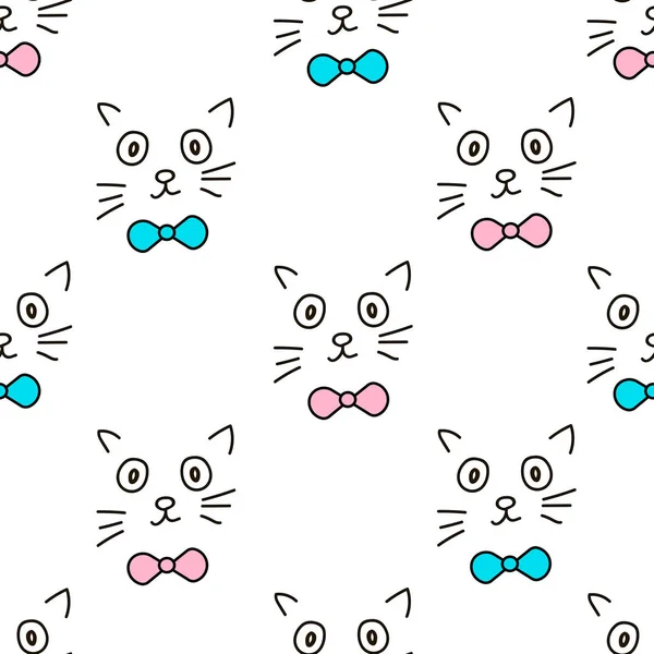 Seamless Patterns Faces Cat Bow Tie Vector Illustration — Stock Vector