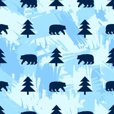 Ayı ve fırça darbeleri arka plan üzerinde köknar ağacı ile Seamless modeli. Vektör çizim