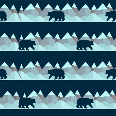 Ayı ve dağların üzerinde mavi arka plan ile Seamless modeli. Vektör çizim