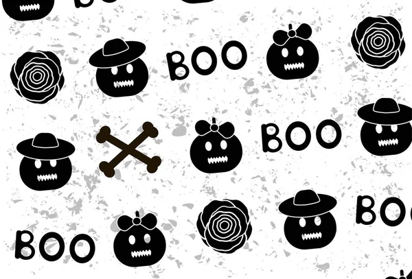 Fondo Halloween Con Calabazas Huesos Palabras Boo Flores Manchas Grises — Vector de stock