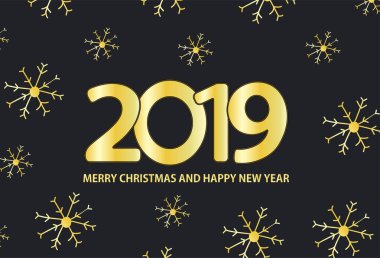 Siyah ve altın arka plan ile kar taneleri ve yazıt 2019 neşeli Noel ve mutlu yeni yıl. Vektör çizim.