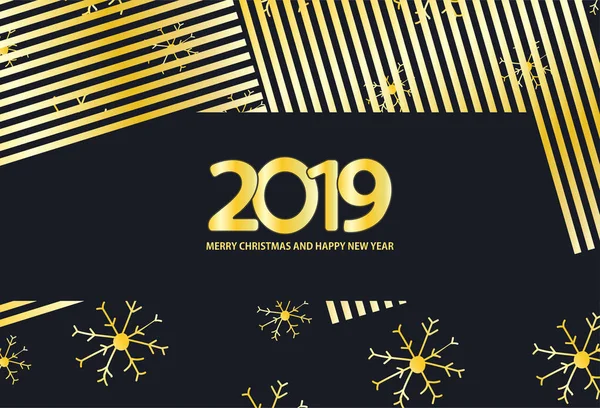 Black and gold background with snowflakes and  inscription 2019 Merry Christmas and Happy New Year. Vector illustration.
