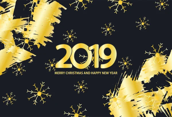Black and gold background with snowflakes and  inscription 2019 Merry Christmas and Happy New Year. Vector illustration.