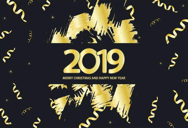 Black and gold background with inscription 2019 Merry Christmas and Happy New Year. Vector illustration.