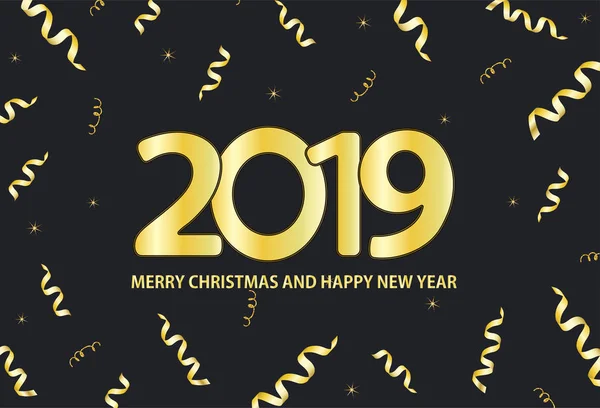 Black and gold background with inscription 2019 Merry Christmas and Happy New Year. Vector illustration.