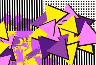 Renkli geometrik figürler ve fırça darbeleri ile arka plan. Vektör çizim.