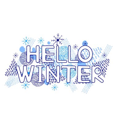 Merhaba kış, mavi geometrik figürler ve beyaz arka plan üzerinde kar taneleri. Vektör çizim