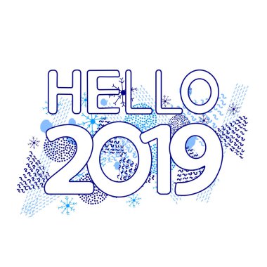 Merhaba 2019, mavi geometrik figürler ve beyaz arka plan üzerinde kar taneleri. Vektör çizim