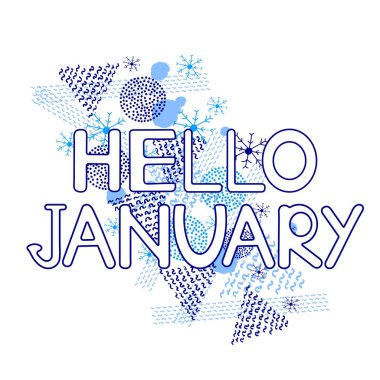 Ocak, mavi geometrik figürler ve beyaz arka plan üzerinde kar taneleri Merhaba. Vektör çizim