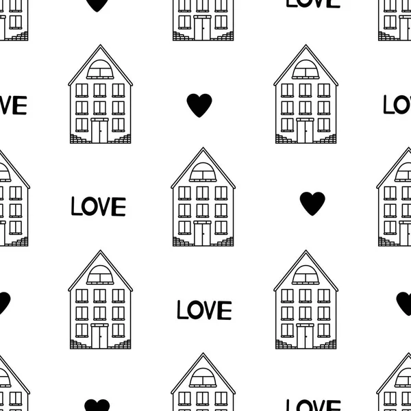 Padrão Sem Costura Com Casas Pretas Palavras Amor Corações Ilustração — Vetor de Stock
