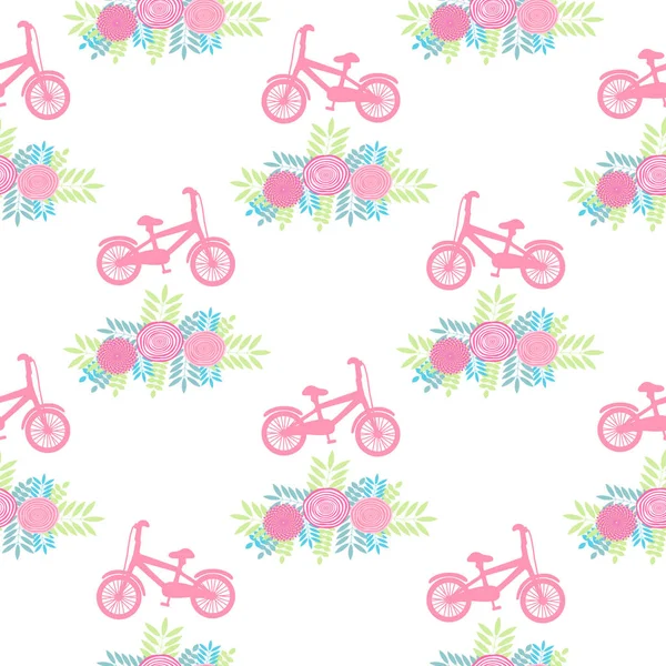 Patrón Sin Costuras Con Bicicletas Color Rosa Flores Fondo Blanco — Vector de stock