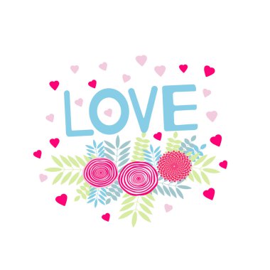 Aşk - kalpler ve çiçekler ile kartı. Vektör çizim