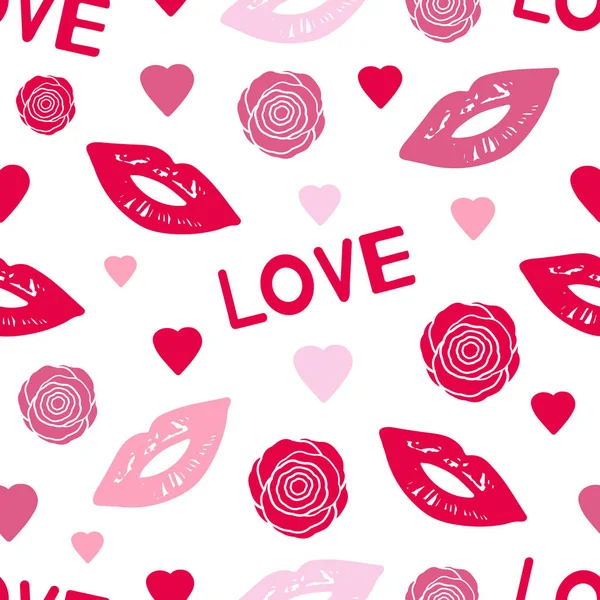 Nahtloses Muster Mit Bunten Lippen Blumen Worten Liebe Und Herzen — Stockvektor