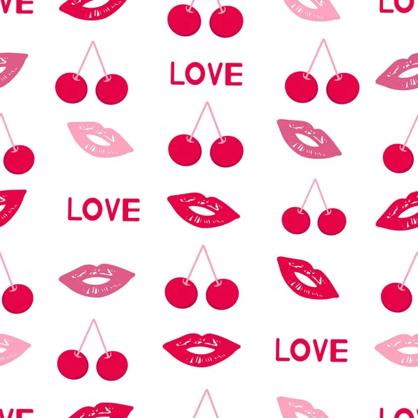 Seamless Pattern Colorful Lips Cherries Words Love Vector Illustration — Stock Vector